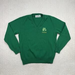 Vintage Ireland Sweater Mens M Green V Neck Pullover Embroidered Logo Clovers‎